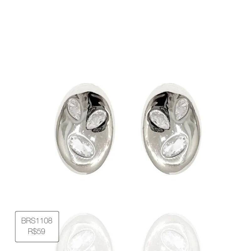 Brinco Oval Zirconias Geometricas Esplendor Prateado